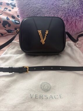 Versace Black Leather Crossbody with Gold V Emblem